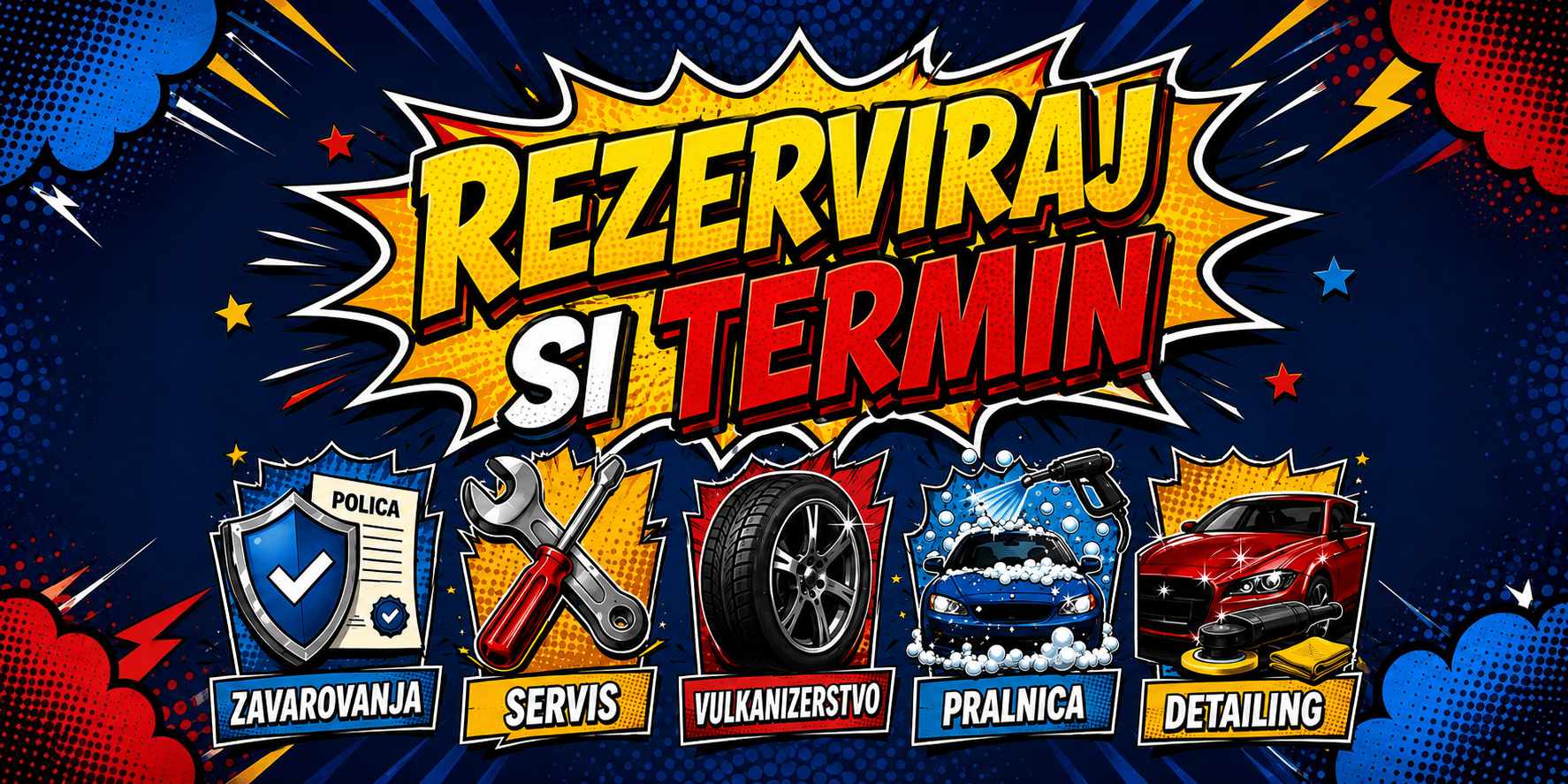 Rezerviraj termin — zavarovanja, servis, vulkanizerstvo, pralnica, detailing, avtotapetništvo